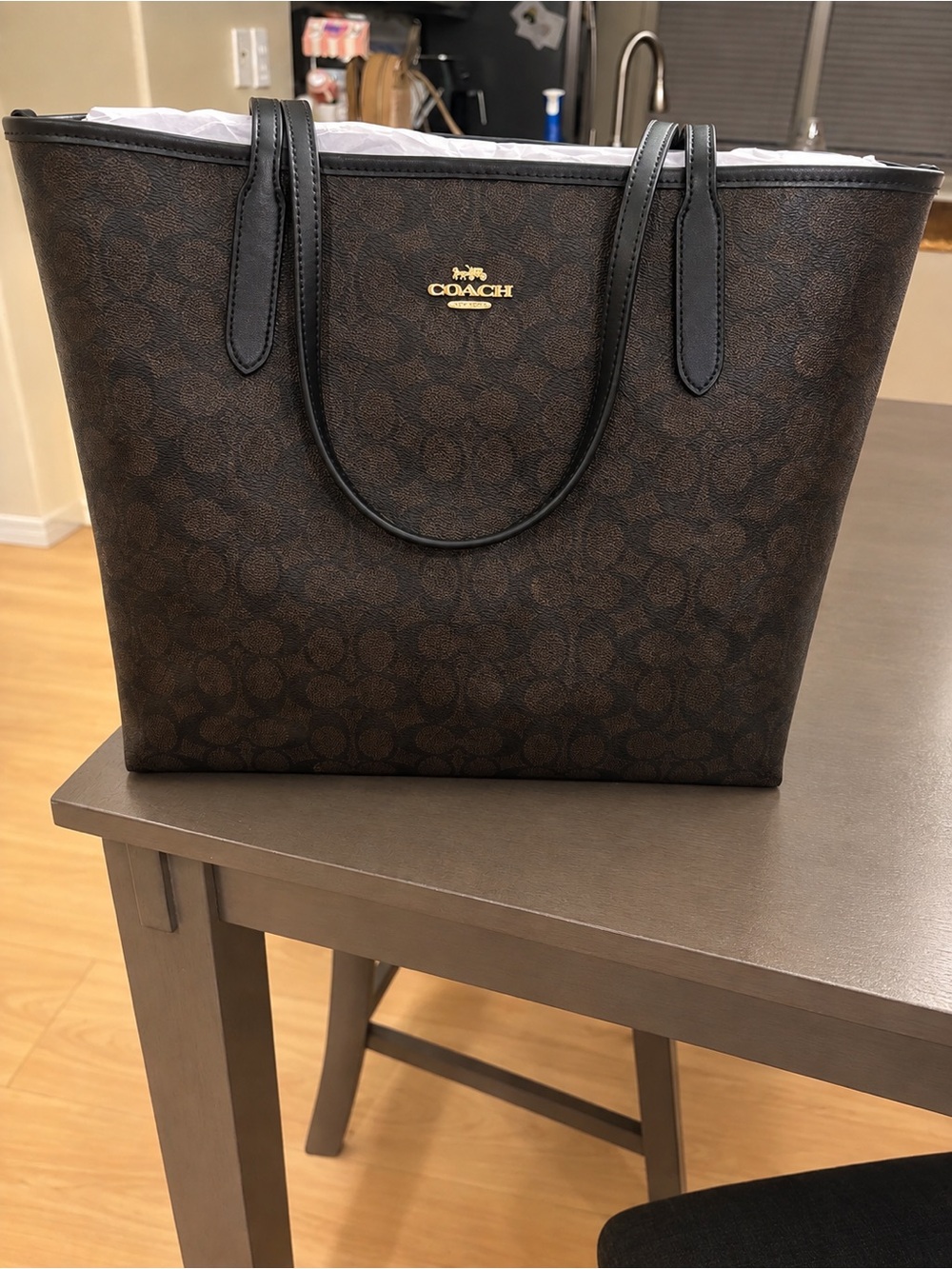 Coach Dark Brown Signature Canvas Tote with Black Trim